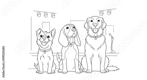 Three adorable dogs, a Corgi, a Beagle, and a Golden Retriever, sit together posing for a picture in this black and white line drawing.