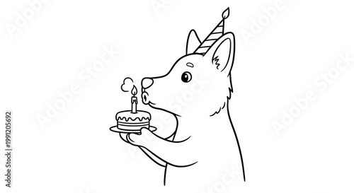 A cute cartoon dog wearing a party hat blows out a single candle on a small birthday cake it holds.