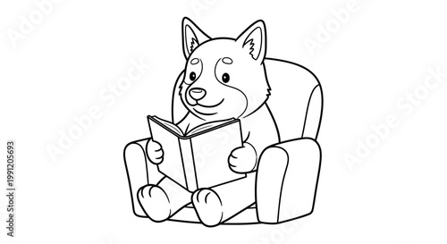 A cute cartoon dog sitting comfortably in an armchair and engrossed in reading a book.