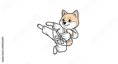 A cute Shiba Inu dog dressed in a karate gi performing a high kick in mid-air.