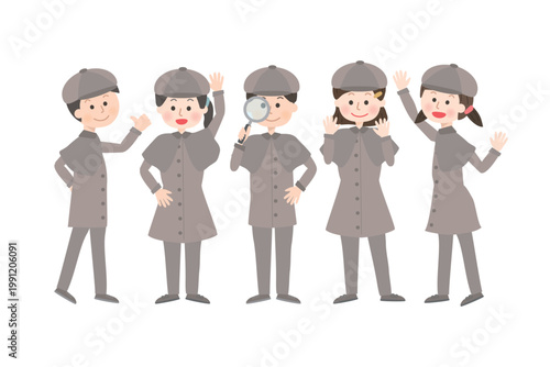探偵の格好をしてポーズをとる子どもたち