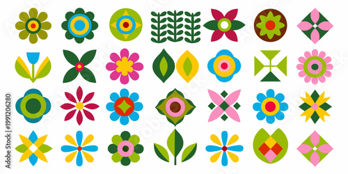 A colorful collection of abstract geometric floral designs arranged in rows