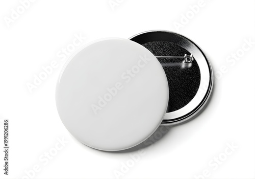 Isolated blank white circular pin badge with metallic back, empty button mockup for branding, corporate identity