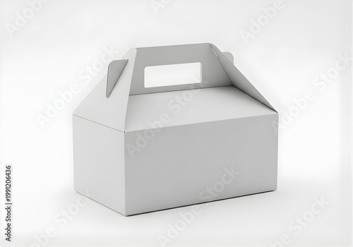 Isolated blank white paper food carry box with handle for takeout meals, packaging template, mock-up for branding design