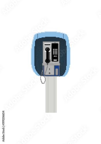 A pixel art illustration of a classic public telephone with a blue protective case and a black handset. This design uses a retro, minimalist, and clean 8-bit aesthetic on a white background.