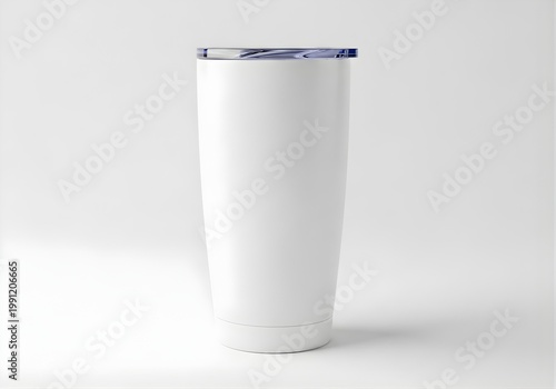 Isolated blank white stainless steel tumbler cup for beverage branding, mockup template, corporate gift, kitchenware