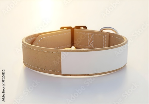 Isolated brown leather dog collar with blank white printable name tag, puppy neck strap accessory for pet store branding