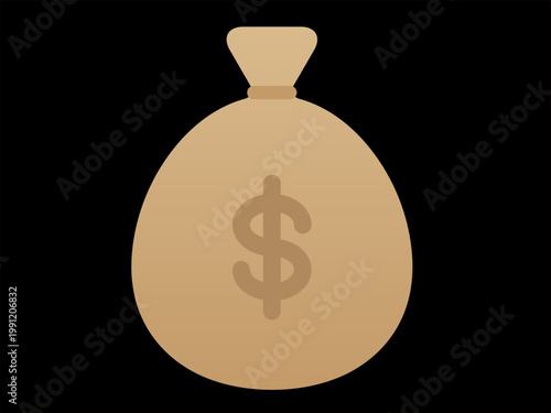 Golden Dollar Money Bag Icon on Dark Black Background: Flat Vector Style for Luxury Finance and Asset Management