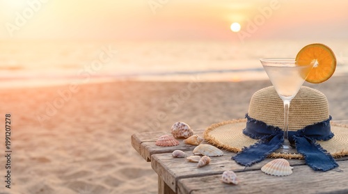 Cocktail glass with orange slice and straw hat on wooden table against ocean sunset. Tropical beach vacation mood and summer travel leisure concept. Relaxing time at sea coast.