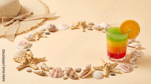 Rainbow cocktail in glass with orange slice surrounded by seashells, starfish and straw hat. Tropical summer vacation holiday concept. Flat lay composition on light beige background.