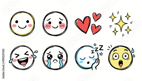A set of cute emoticon faces and symbols.