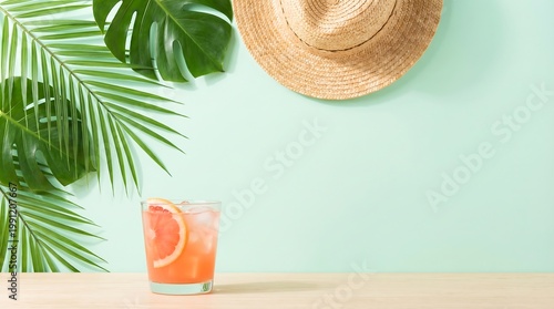 Glass of refreshing grapefruit cocktail with ice on wooden desk against light green wall. Tropical monstera palm leaf and straw hat. Summer vacation holiday concept. Minimalist design.
