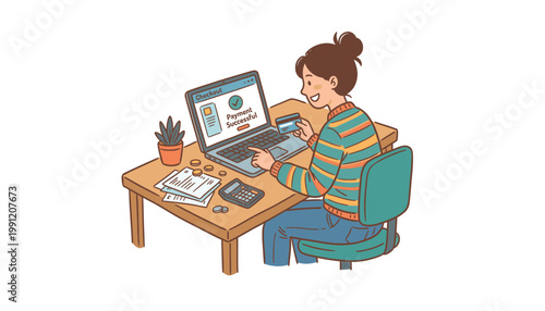 woman sitting at desk with laptop and papers.