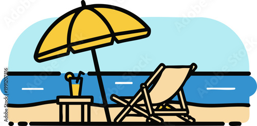 Summer beach vacation vector illustration, tropical seaside resort with yellow sun umbrella and deck chair, relaxing ocean coast travel scene
