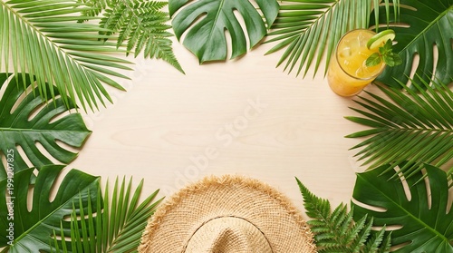 Tropical summer background with exotic palm leaves, straw hat and fresh cocktail on wooden table. Flat lay composition for seasonal travel vacation concept and holiday banner design.
