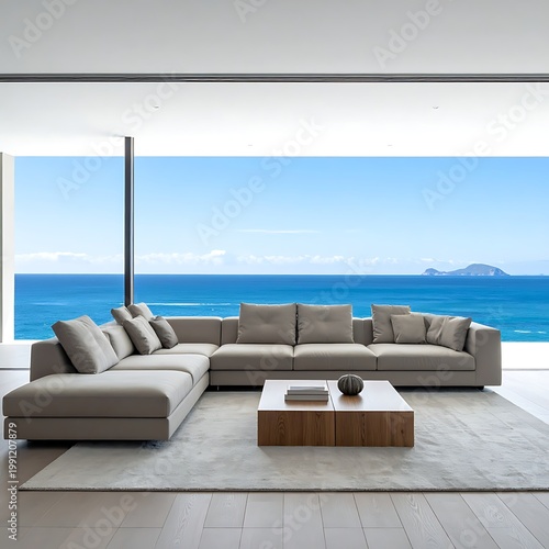 A modern living room with a large window overlooking the ocean