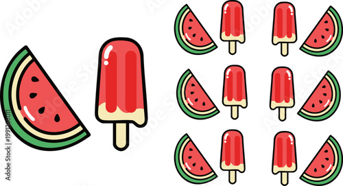 Watermelon popsicle and fruit slice vector set, red summer ice cream icons, flat cartoon food illustrations for seasonal menu design