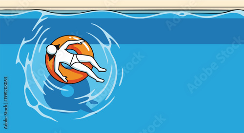 Minimalist swimming pool illustration, woman floating on orange inner tube in blue water, summer vacation leisure concept vector with copy space