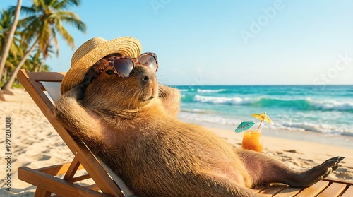 Capybara wearing hat and sunglasses relaxing on beach chair. Funny animal enjoying summer vacation with drink. Tropical seaside holiday, leisure and travel lifestyle concept background.