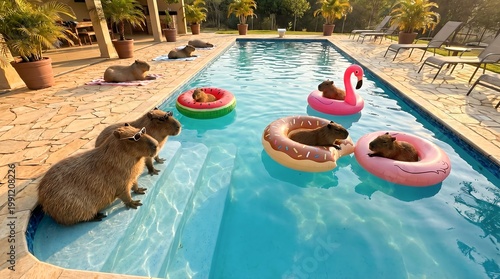 Capybara group relaxing by and in a swimming pool on inflatable floats. Funny rodents wearing sunglasses enjoying summer vacation. Animal lifestyle, pool party and leisure concept.