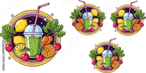 Healthy green smoothie vector illustration, fresh fruit and vegetable juice icons, organic detox drink with lemon and carrot, vibrant wellness beverage set