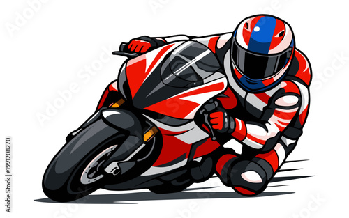 Vector illustration of a sports motorbike racer making a sharp turn.