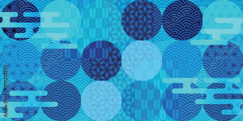 Blue Japanese Traditional Pattern Background with Circles and Clouds