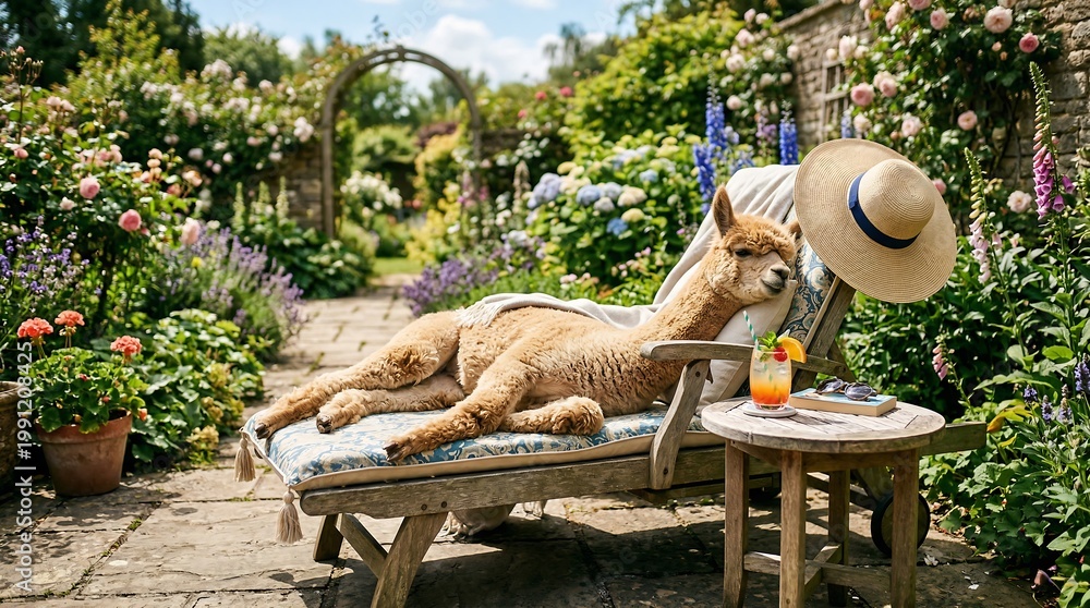 Fototapeta premium Alpaca relaxing on a wooden sun lounger in a blooming summer garden. Cute animal resting outdoors with a straw hat and tropical beverage. Leisure, vacation and summer holiday concept.