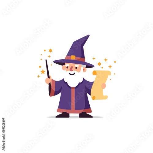 Cute cartoon wizard with magic wand and scroll, casting spell with sparkles