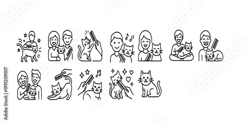 icon set collection of cat grooming, pet hair brushing, feline hygiene, happy kitten care, owner styling pet fur, and domestic animal pampering.