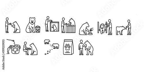 icon set collection of bear zookeeper care, wildlife feeding, sanctuary management, animal tracking, veterinary checkup, and grizzly bear conservation efforts in linear icons.
