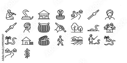 icon set collection of snake charming, indian village culture, cobra flute music, traditional basket handling, and rural community life symbols in linear style.