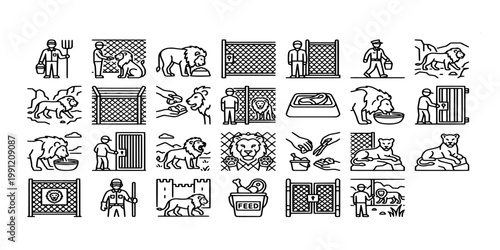 icon set collection of lion zookeeper tasks, enclosure maintenance, carnivore feeding, zoo safety management, and large predator care activities in outline icons.