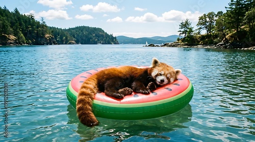 Red panda sleeping on watermelon inflatable ring in ocean. Wild animal relaxing on water float during summer vacation. Cute creature resting at sea, tropical travel and leisure concept.