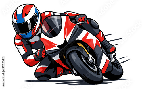 Vector illustration of a sports motorbike racer making a sharp turn.