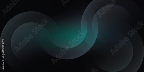 Abstract dark background with glowing emerald green circles and blurred overlapping round shapes. Modern futuristic deep space or biology cell concept.