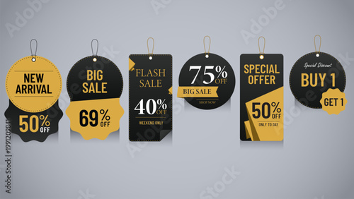 Black gold sale tags collection with discount labels for retail promo and shopping deals