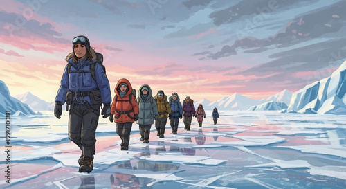 People hiking on icy landscape together.