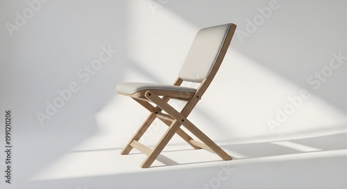 Isolated light wooden folding chair with beige fabric seat, soft daylight shadows, home furniture for interior design, simple seating