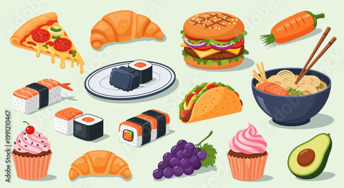 Colorful food icons including pizza burger sushi and cupcakes