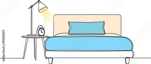 Minimalist bedroom interior vector illustration, modern bed with blue linens and pillow, bedside table with lamp and alarm clock, cozy home decor