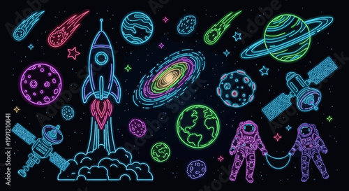 Colorful neon doodles of rocket astronauts and planets in space