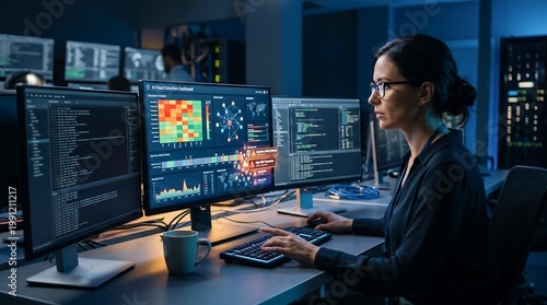 Woman developer working on an artificial intelligence fraud detection system in a data center. Cybersecurity analyst monitoring network security and digital threats. IT specialist concept.