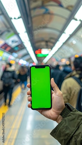 A person's hand holding a phone with a green screen on a subway platform