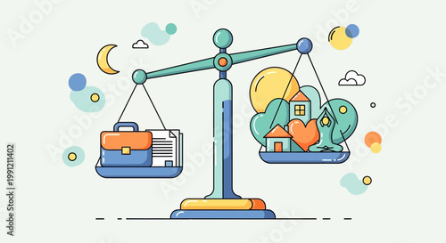 Balance scale with house and briefcase.