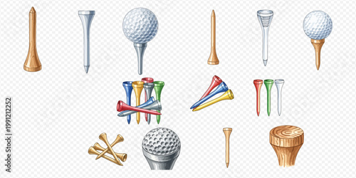 Collection of various golf tees and balls, including wooden, plastic, and colorful designs, for sports and leisure activities.