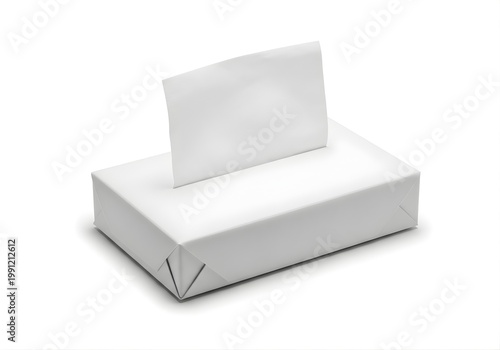Isolated rectangular white tissue box packaging with single paper sheet pulled out, mockup for branding and design presentation