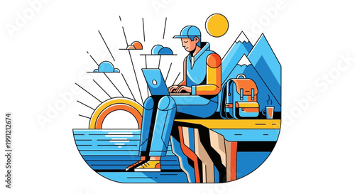 Digital nomad working on laptop at sunrise near mountains