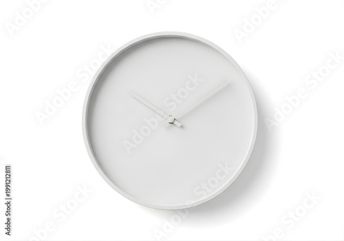 Isolated round white wall clock with simple thin hands and clean face, time management, deadline planning, schedule efficiency