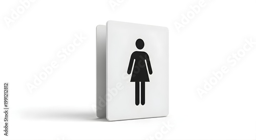 Isolated restroom sign featuring a black female figure icon on a white door plate, public facility signage for gender identification